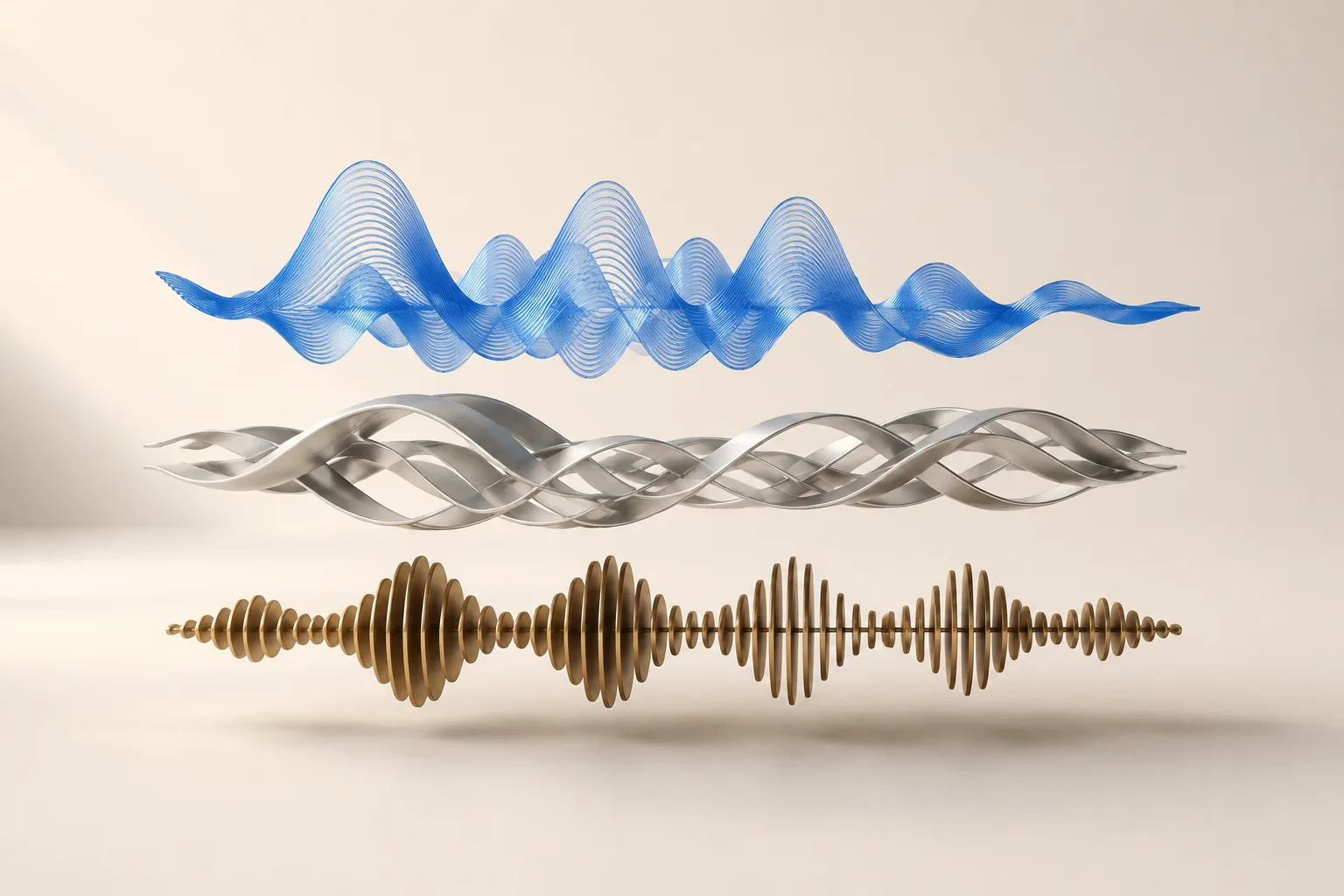 Three sculptural sound layers: blue vocals above silver instruments and bronze rhythm