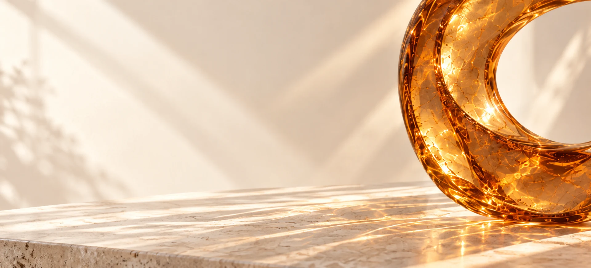 Sunlight shining through natural honey amber onto pale stone