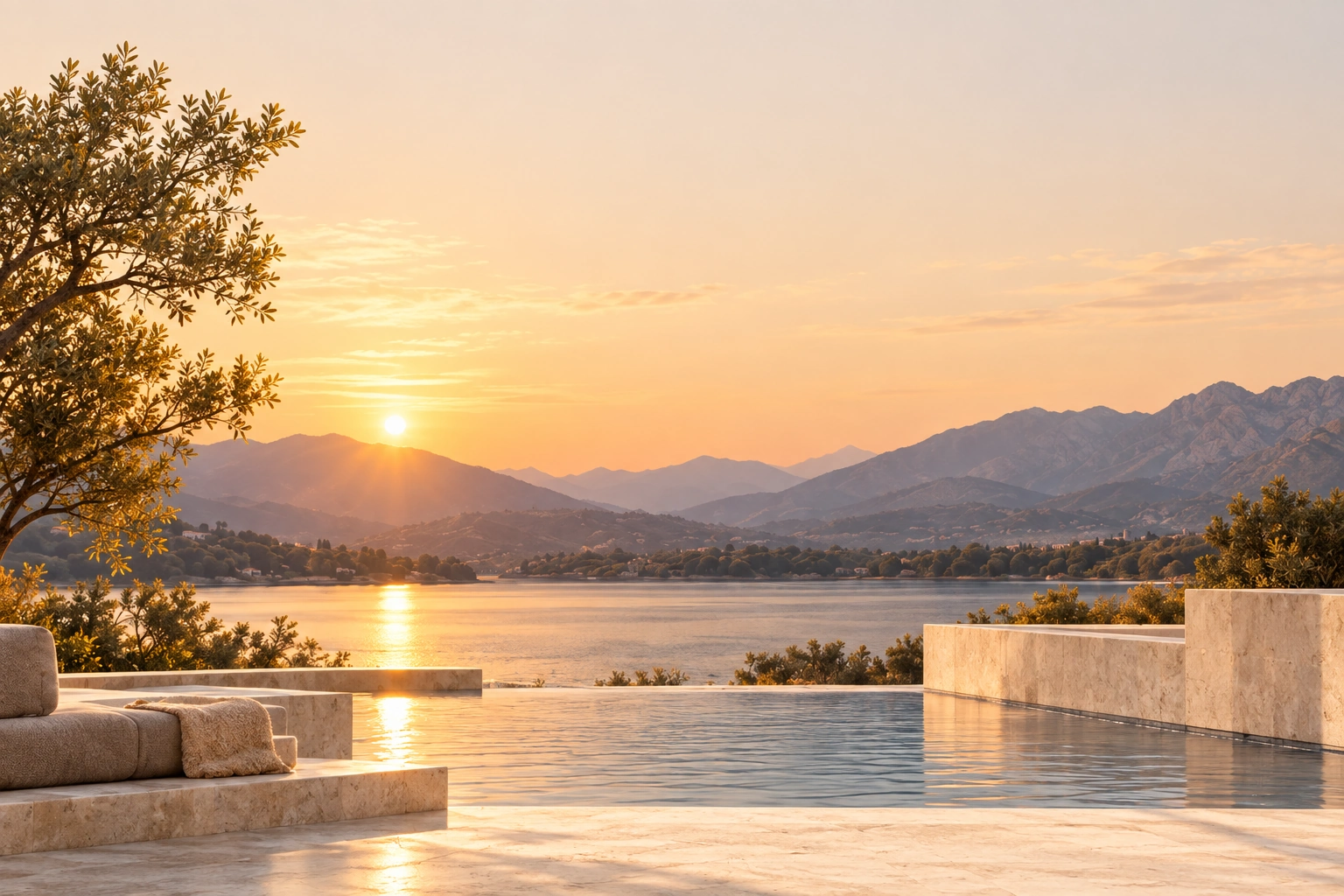 A peaceful lake and mountain landscape in golden evening light