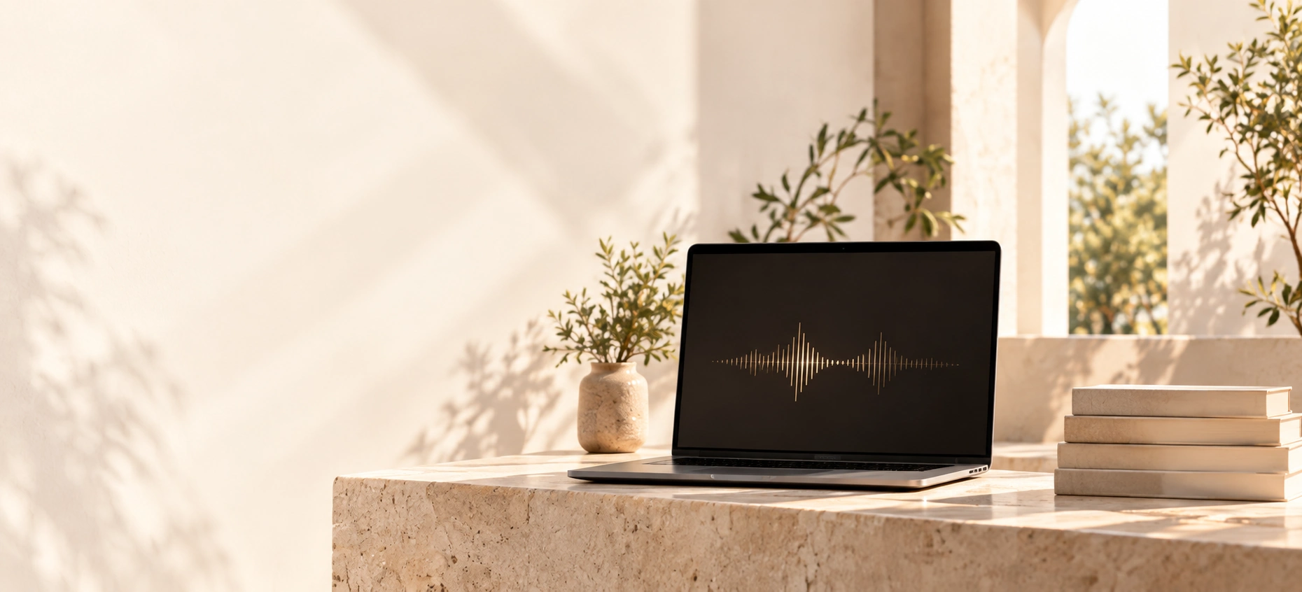 An audio waveform on a laptop in a sunlit music workspace